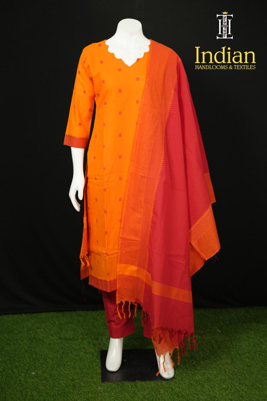 Premium Handloom Cotton Set - Orange Color