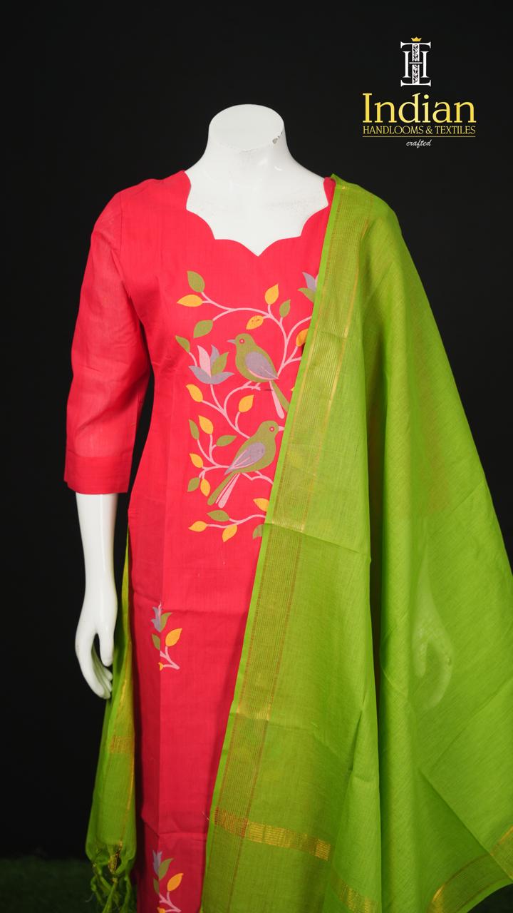 Handloom Painted Cotton Sets-Red &amp; Green