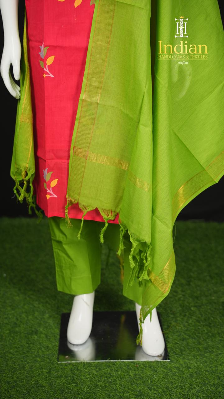 Handloom Painted Cotton Sets-Red &amp; Green