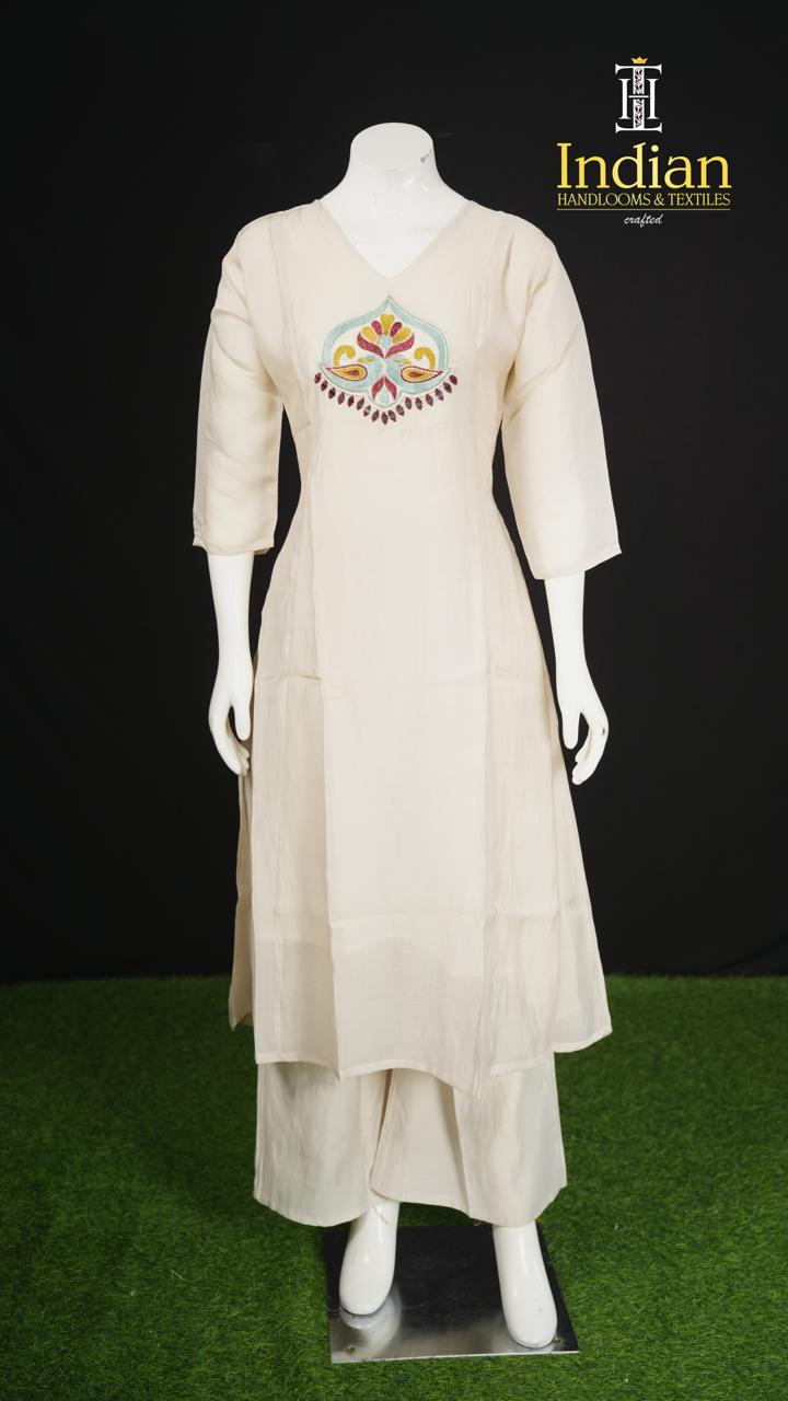 P.Designer Mul Chanderi Aline Cut 3Pc Sets-White