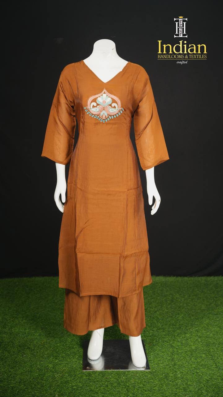 P.Designer Mul Chanderi Aline Cut 3Pc Sets-Brown