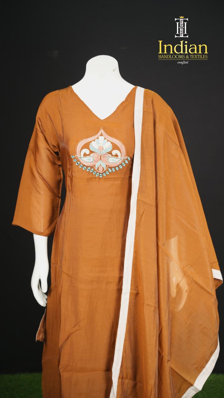 P.Designer Mul Chanderi Aline Cut 3Pc Sets-Brown
