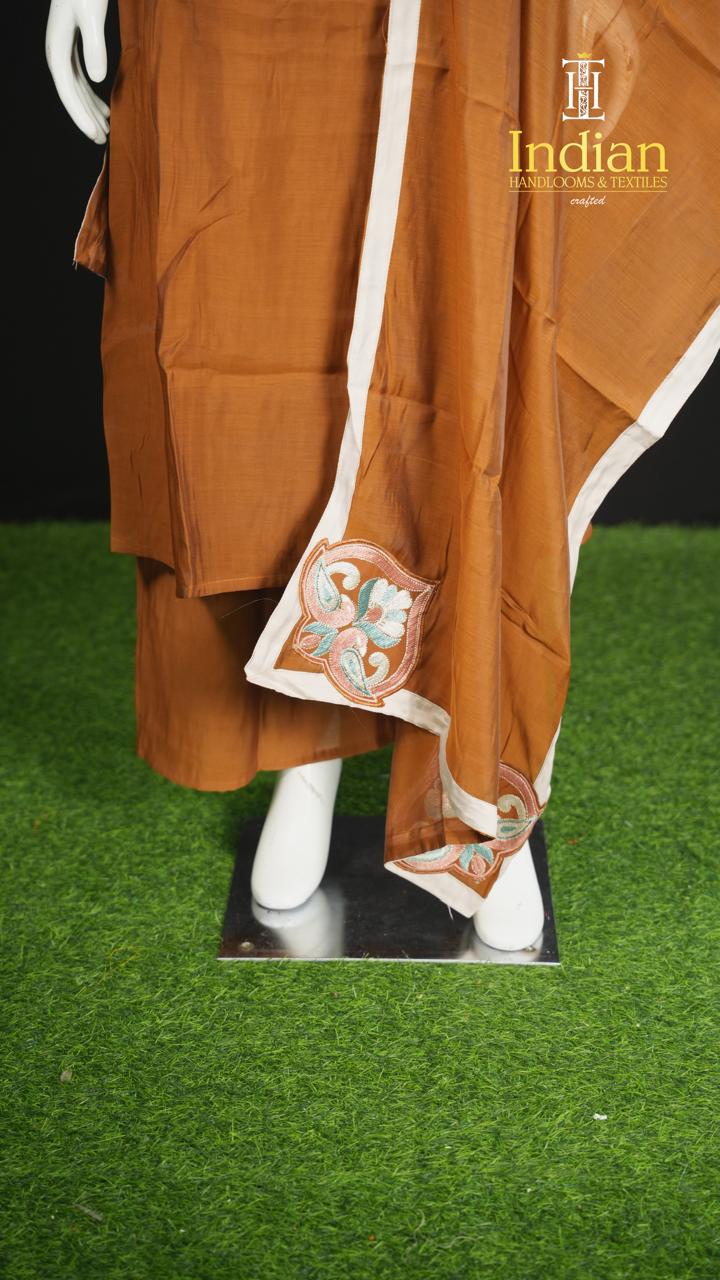 P.Designer Mul Chanderi Aline Cut 3Pc Sets-Brown