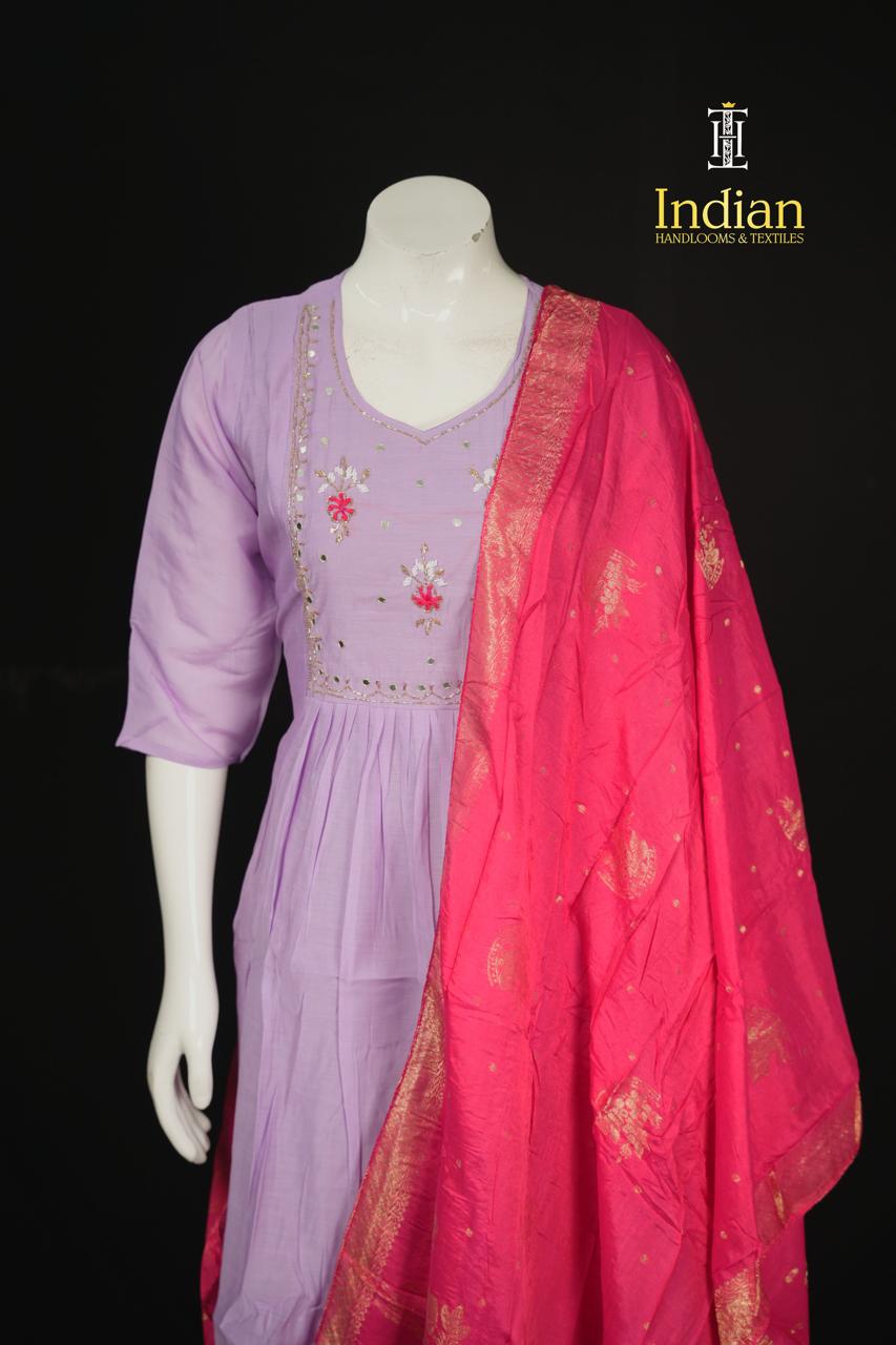 P.Designer Mul Chanderi Aline Cut 3Pc Sets - Lavender