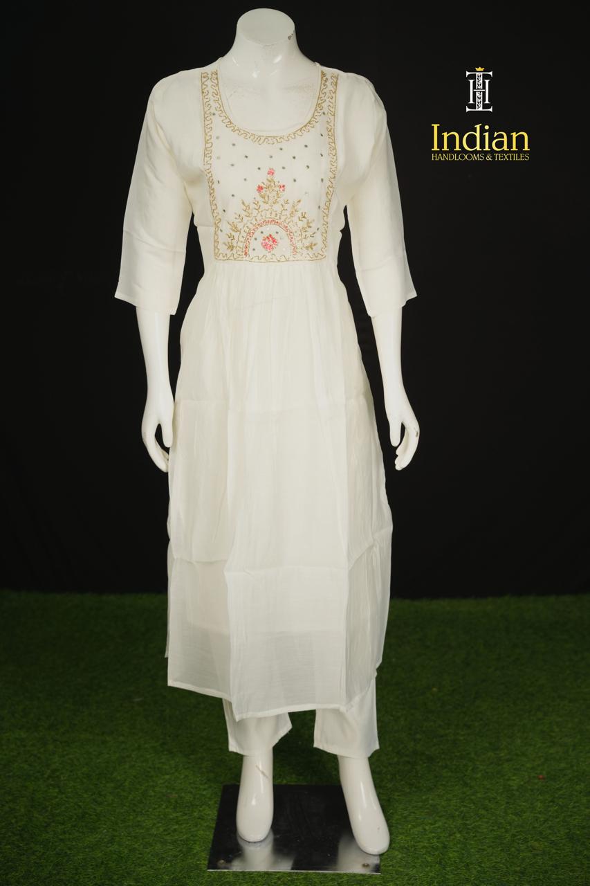 P.Designer Mul Chanderi Aline Cut 3Pc Sets -Half White