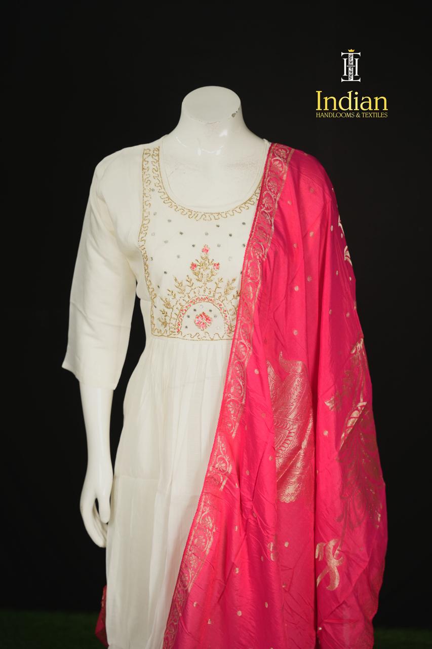 P.Designer Mul Chanderi Aline Cut 3Pc Sets -Half White