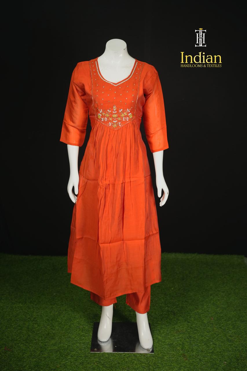 P.Designer Mul Chanderi Aline Cut 3Pc Sets -Orange