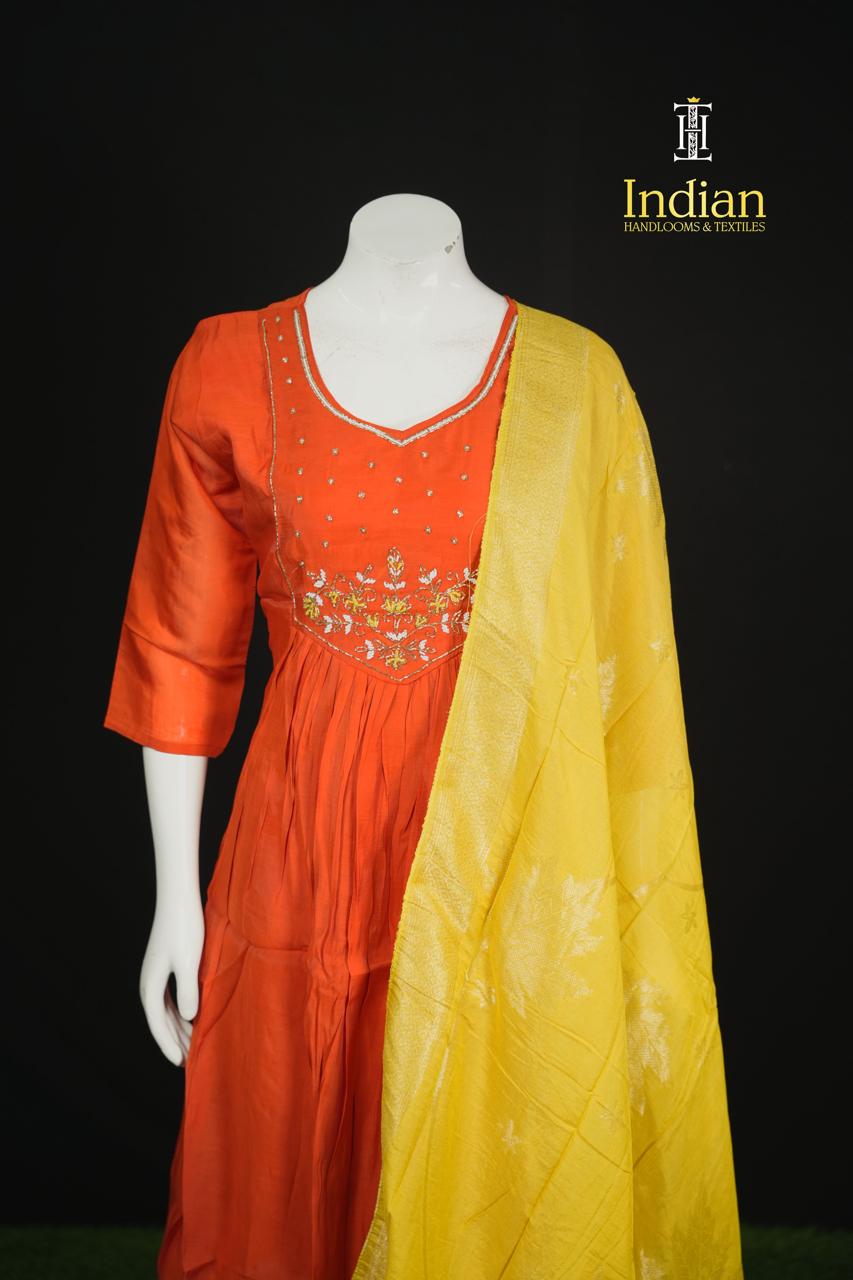 P.Designer Mul Chanderi Aline Cut 3Pc Sets -Orange