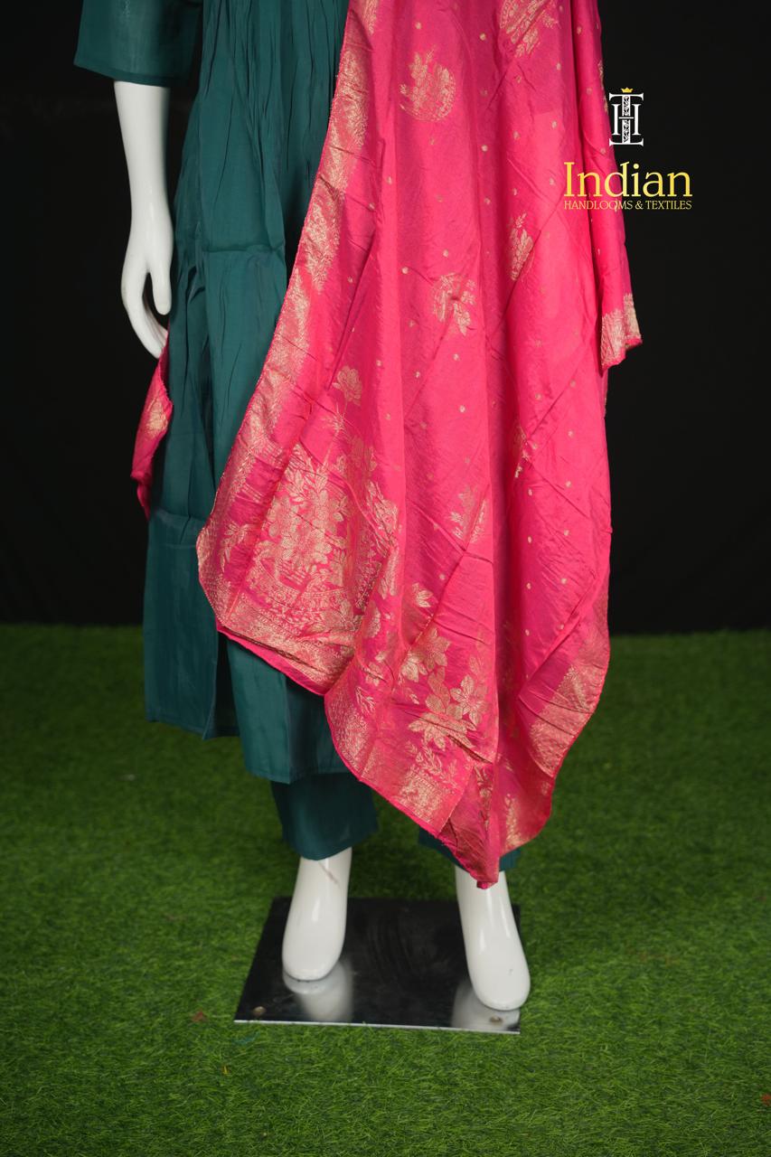 P.Designer Mul Chanderi Aline Cut 3Pc Sets -Bottle Green