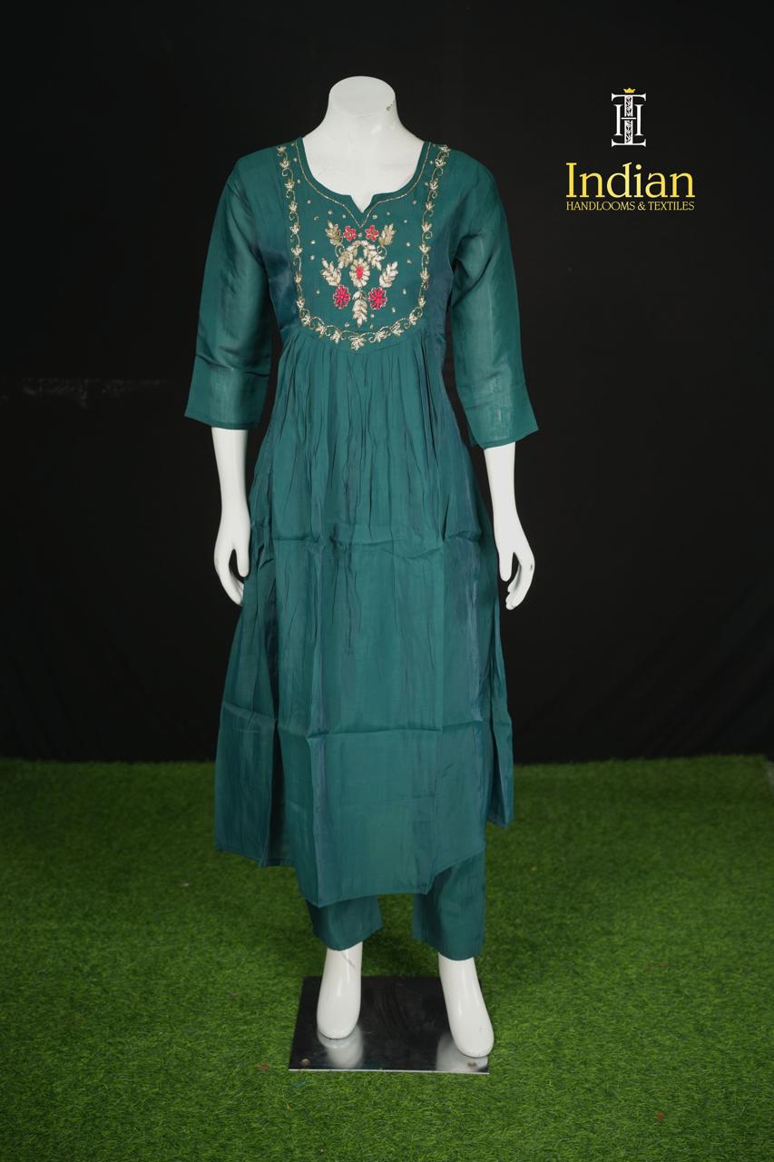 P.Designer Mul Chanderi Aline Cut 3Pc Sets -Bottle Green 4