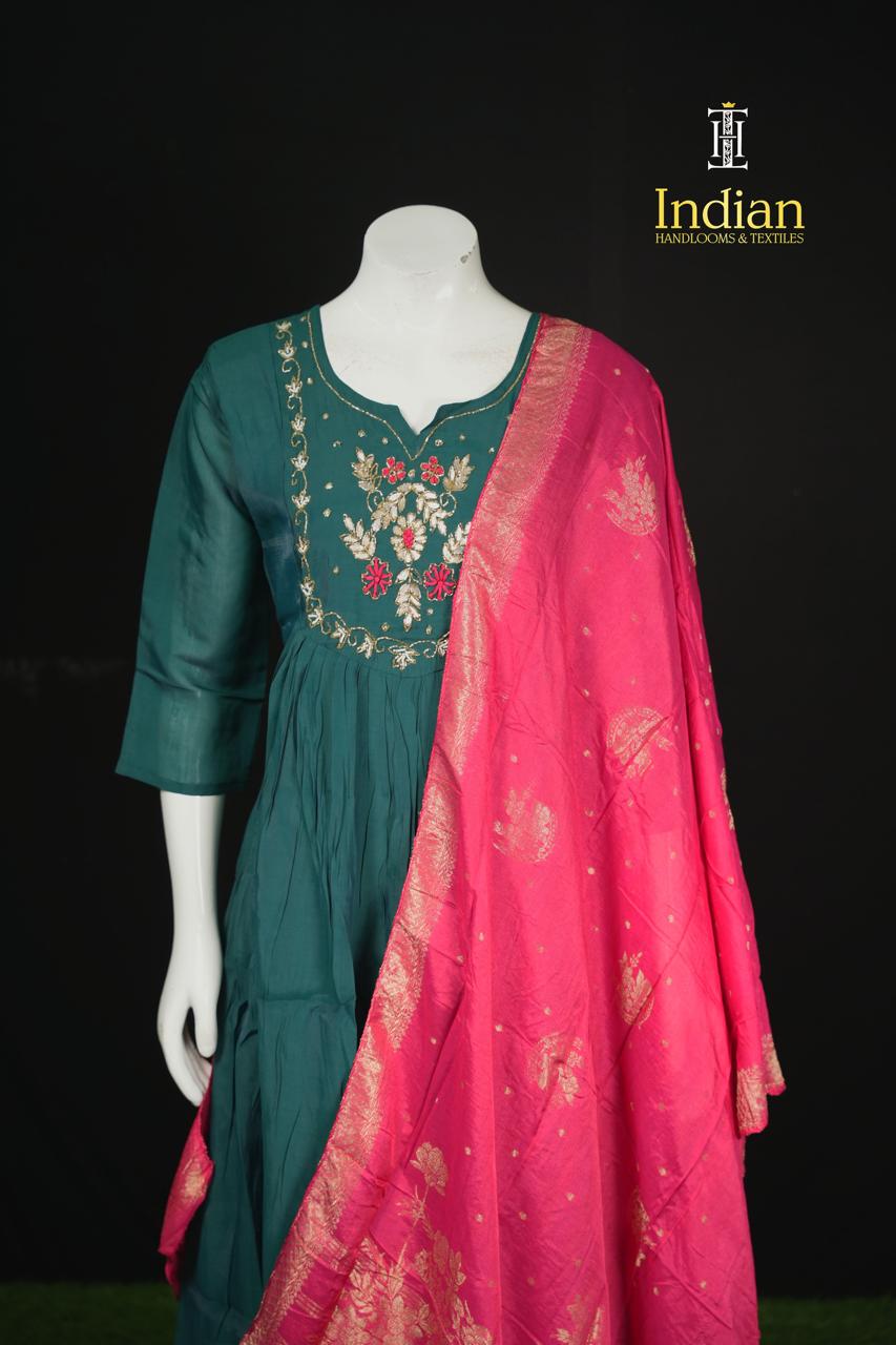 P.Designer Mul Chanderi Aline Cut 3Pc Sets -Bottle Green 4