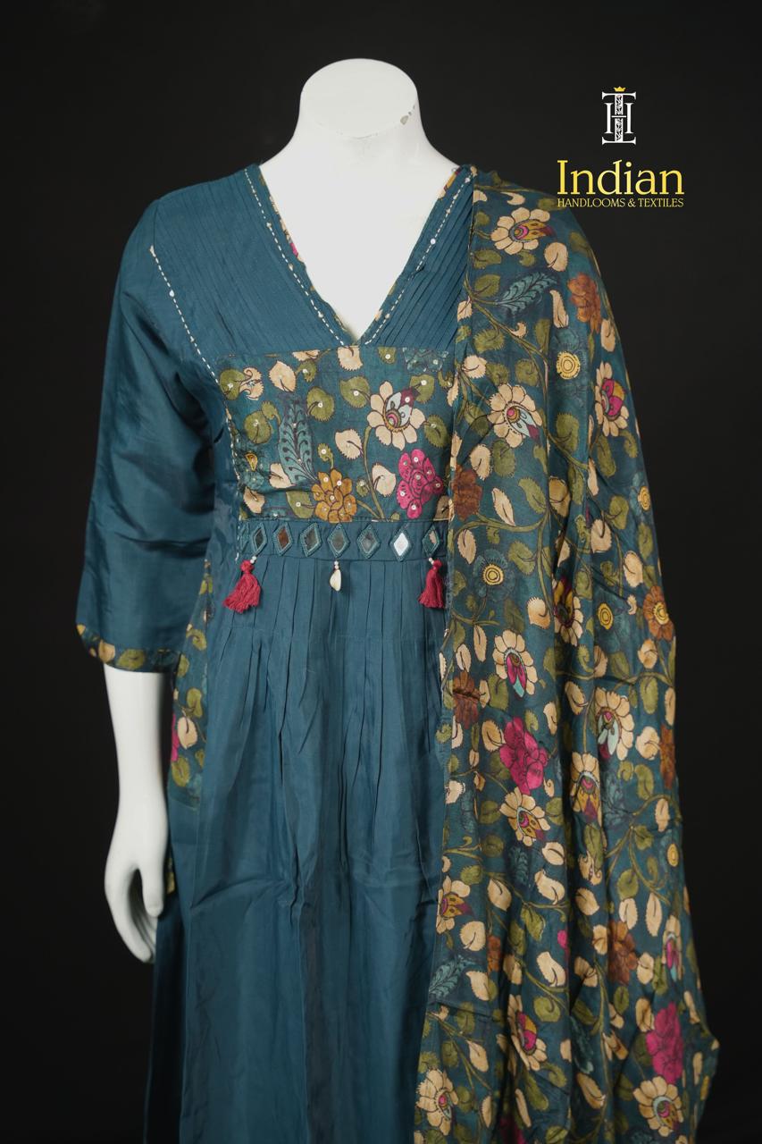 Designer Mul Chanderi Aline Cut 3Pc Sets-Blue