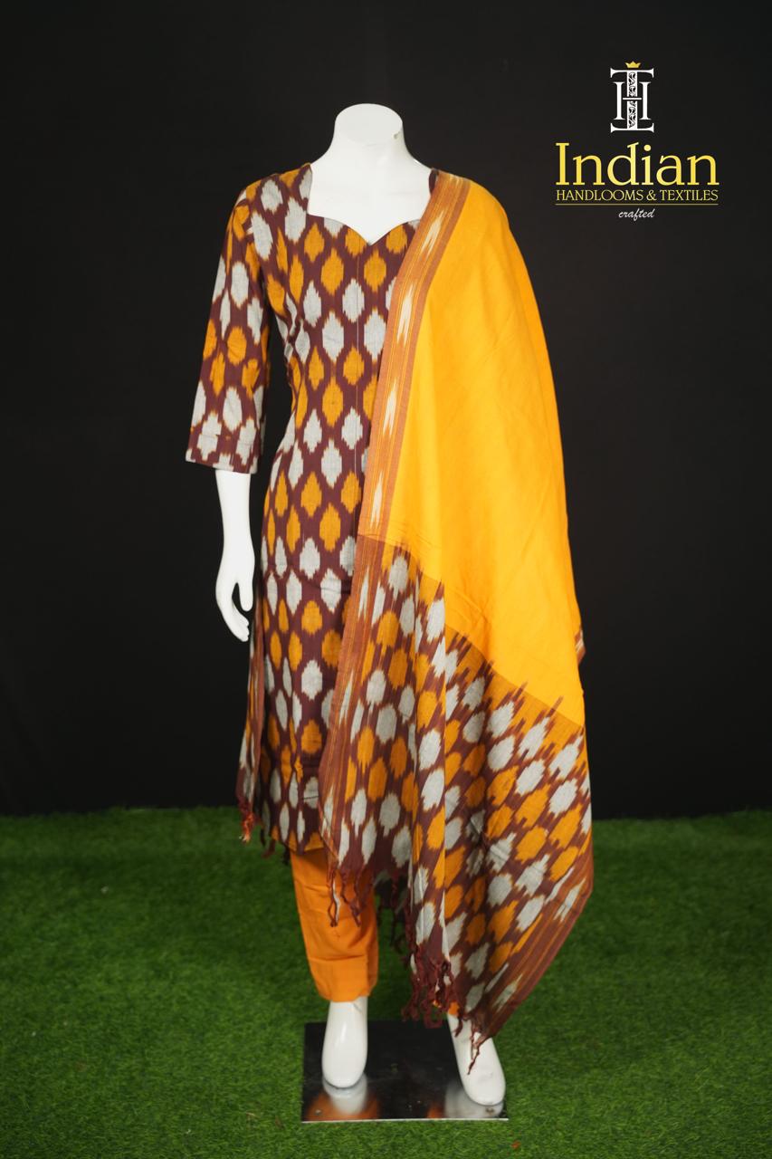 N Pure Ikkat Cotton Sets-Brown And Yellow