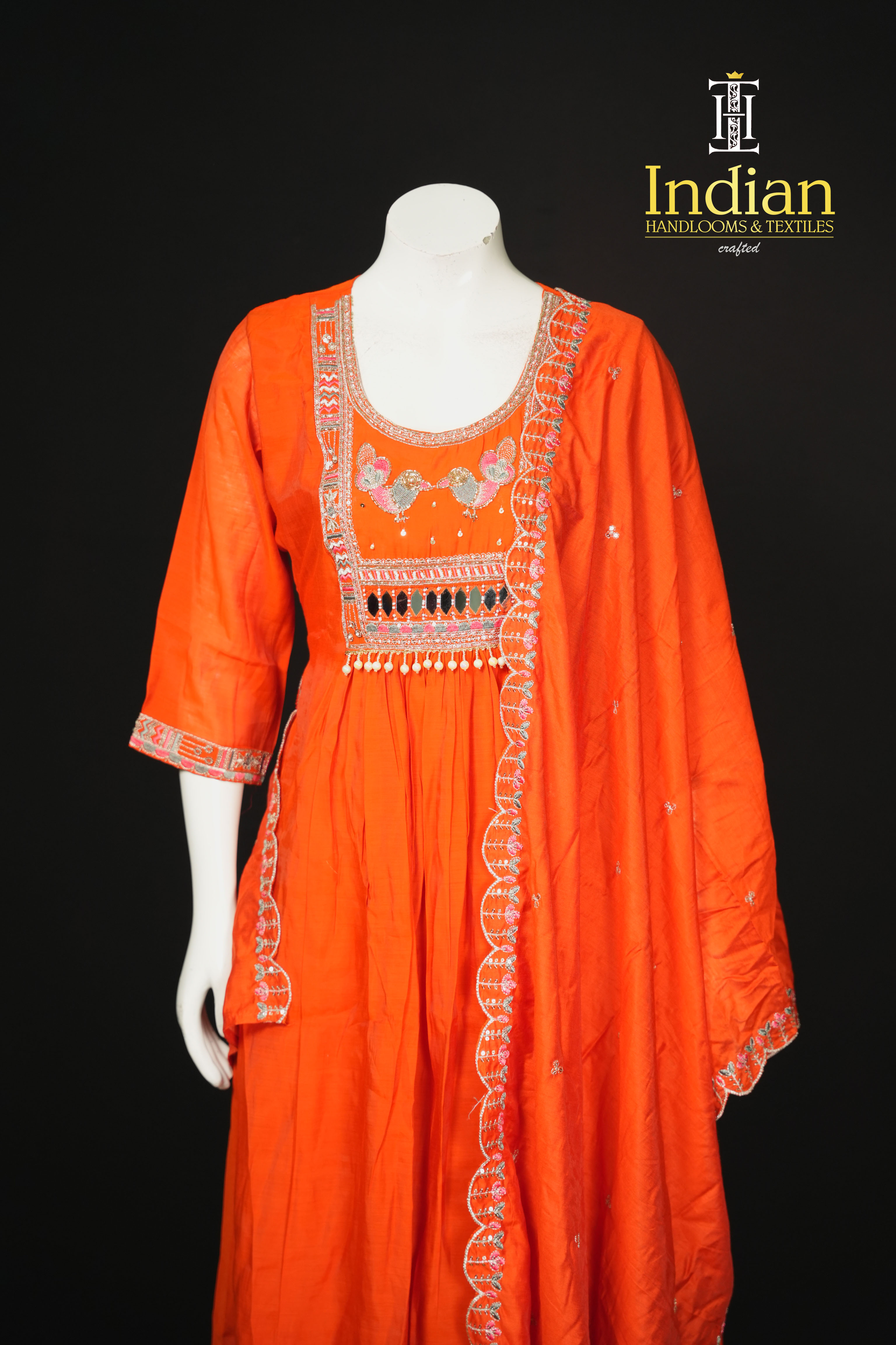 Designer Mul Chanderi 3Pc Sets-Orange 1