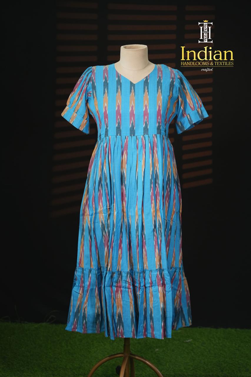 Sh Ikkat Cotton Frocks-Leight Blue