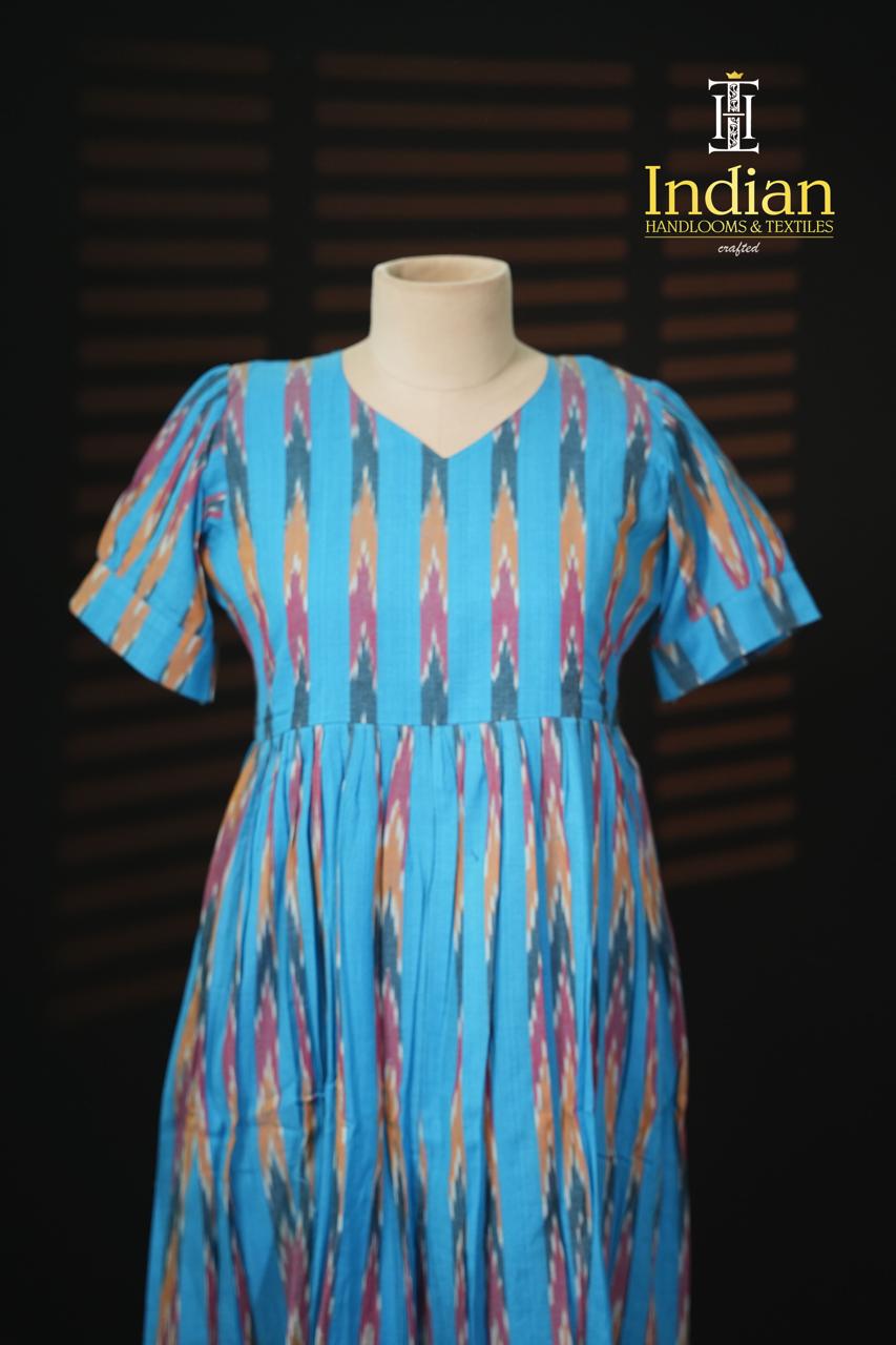 Sh Ikkat Cotton Frocks-Leight Blue
