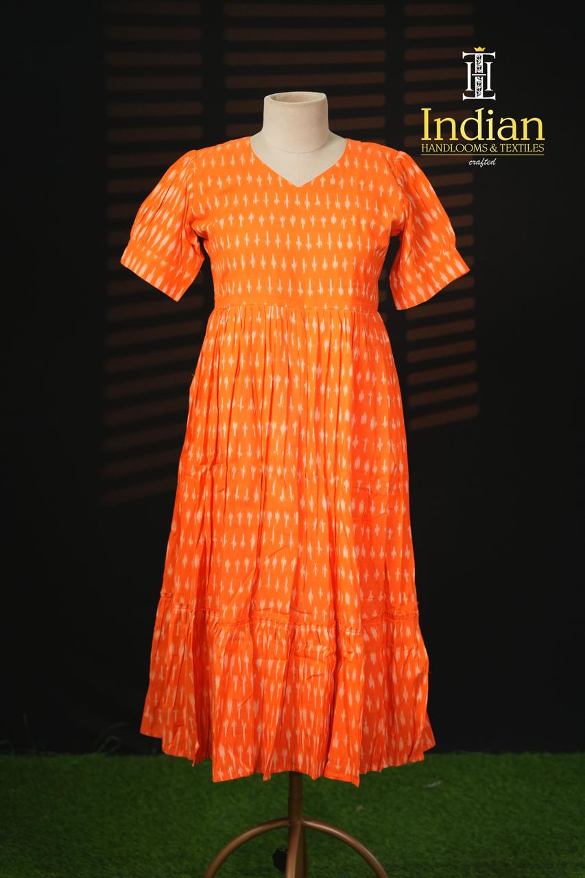 Sh Ikkat Cotton Frocks-Orange