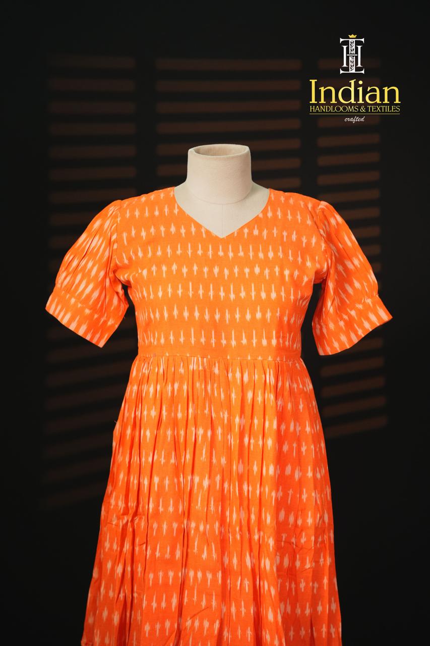 Sh Ikkat Cotton Frocks-Orange