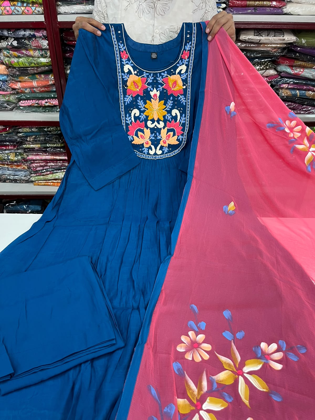 Premium Soft Mul Chanderi 3Pc Sets-Dark Blue &amp; pink
