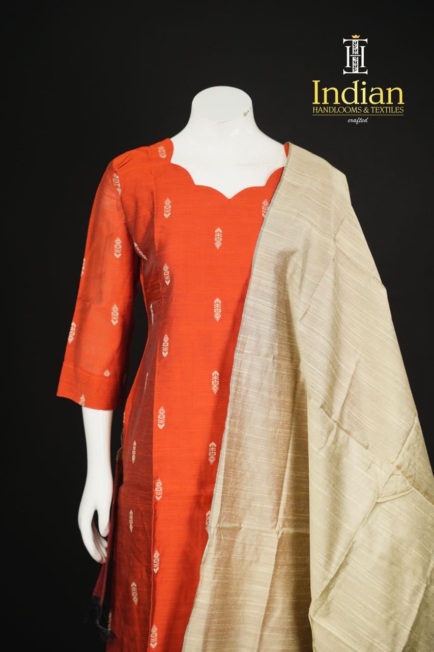 Sh Raw Silk 3Pc Sets-Rust Orange