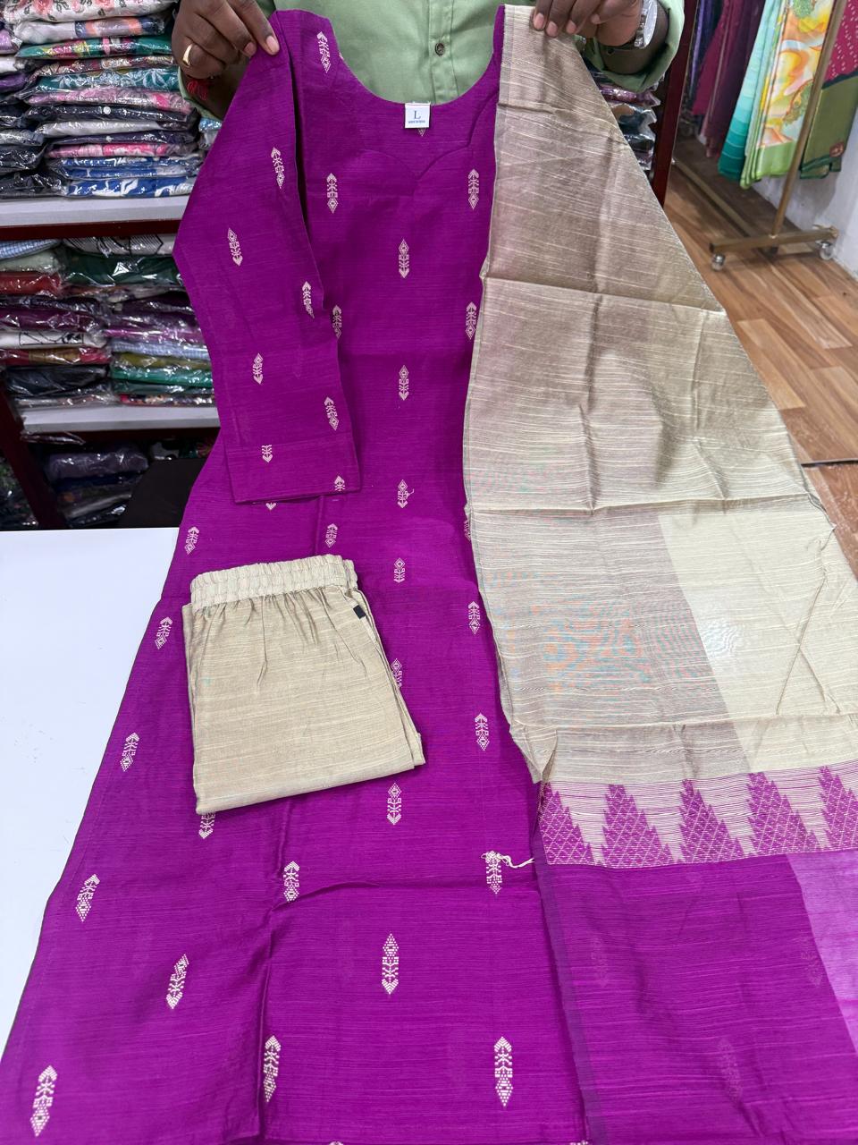 Sh Raw Silk 3Pc Sets-Majenta Pink